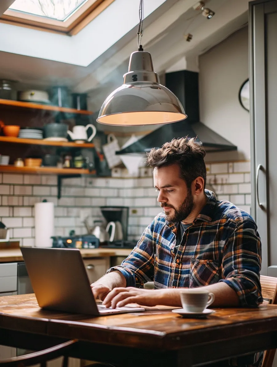 American man completing his online personal loan application at his kitchen table