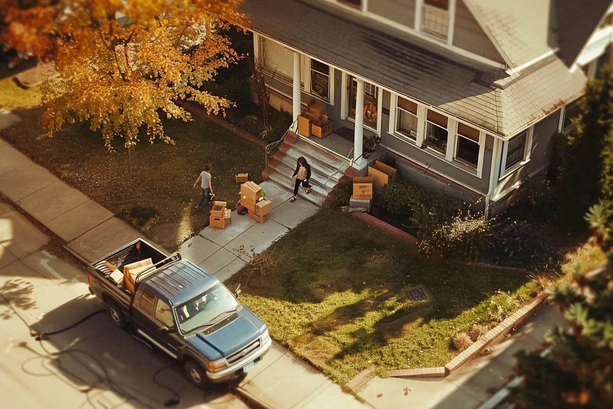Family unloading a moving truck outside a bungalow with a moving loan