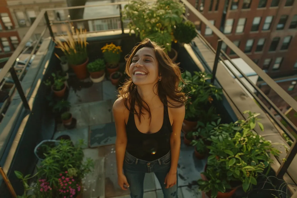 Smiling American woman on a rooftop garden representing personal loan flexibility