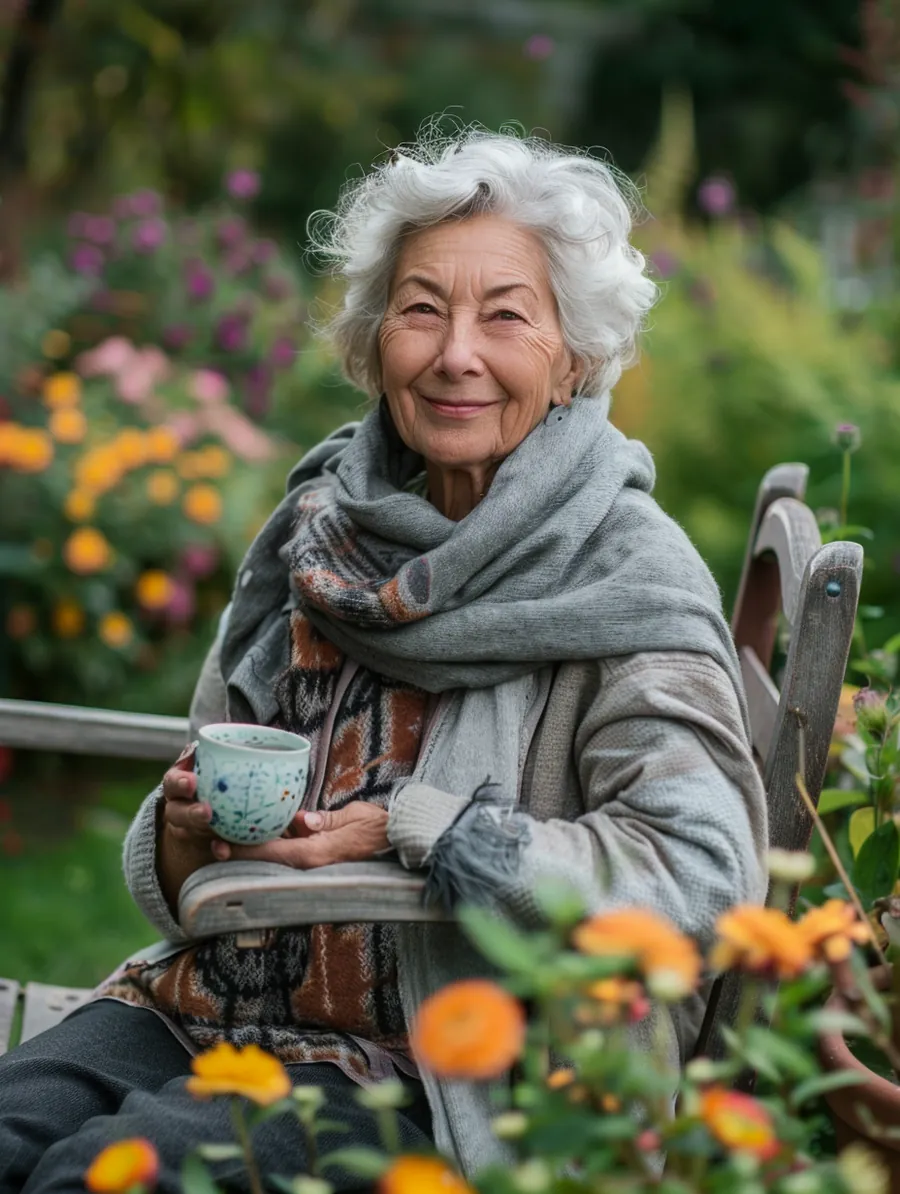 Contented American customer relaxing in her garden after paying off her personal loan