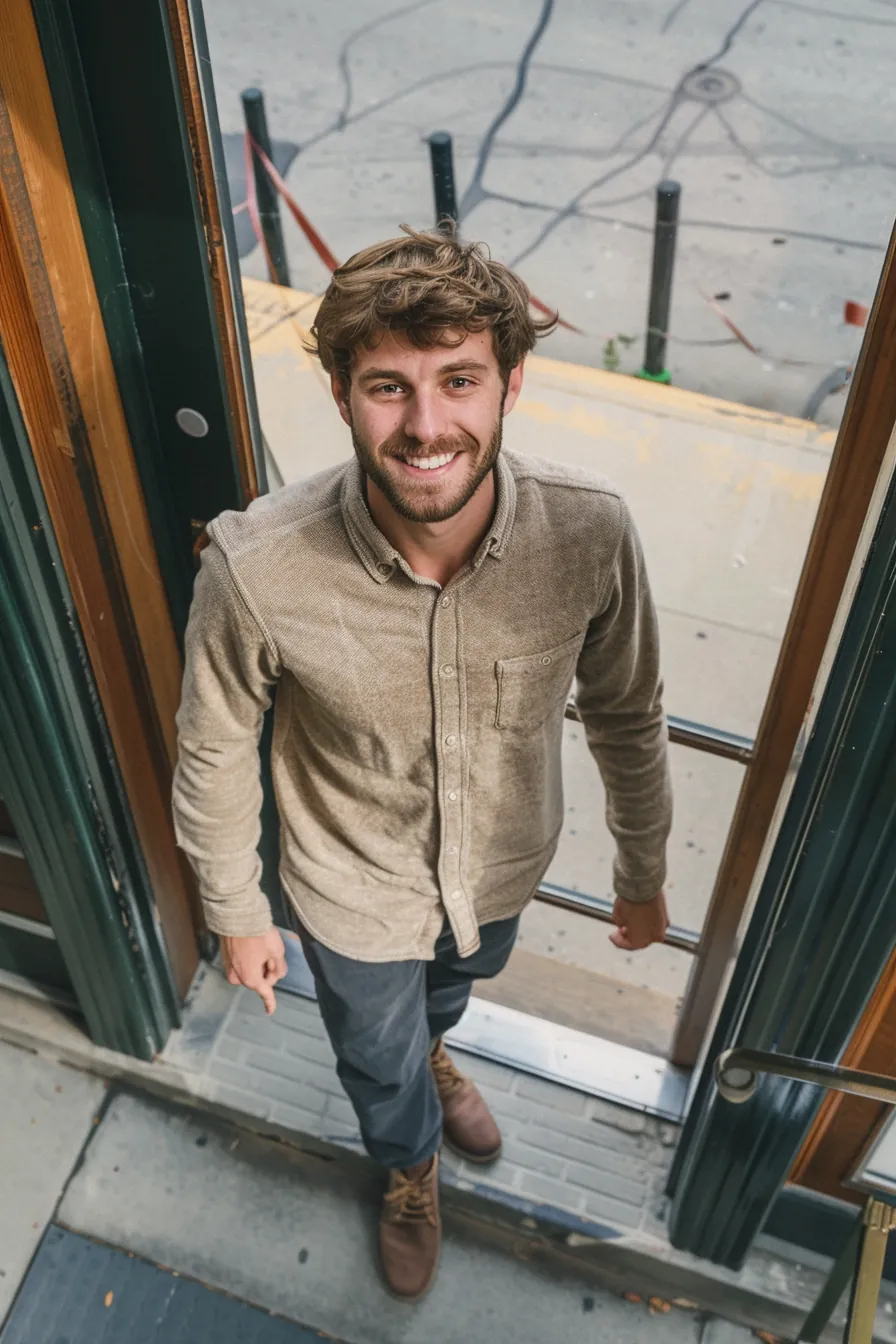 Relieved American man leaving a credit union after consolidating his debts