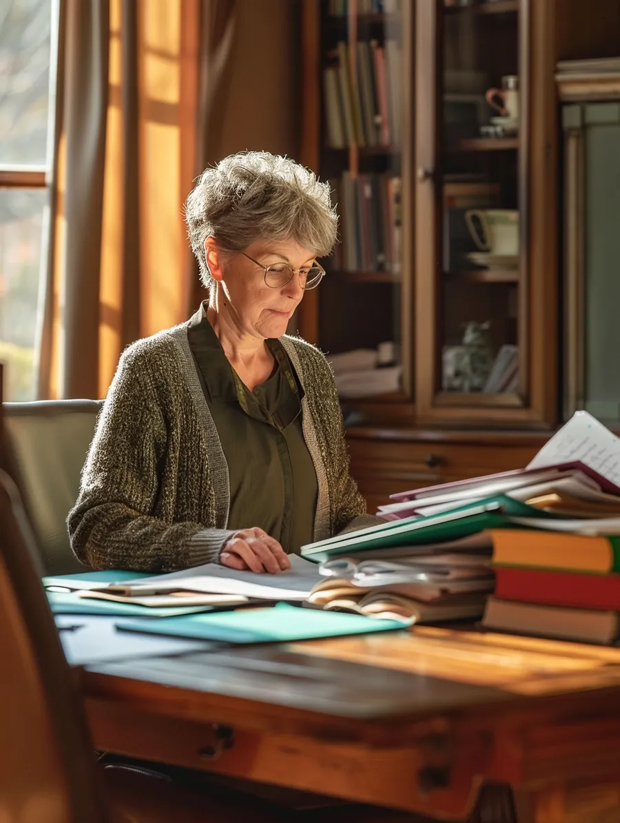 American woman organizing debts into color-coded binders before a consolidation loan
