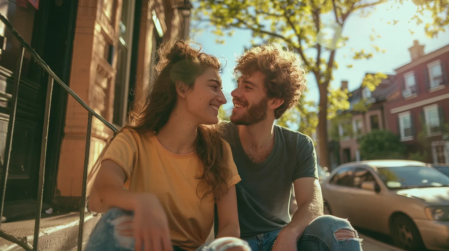 Optimistic young American couple on their stoop before applying for a personal loan