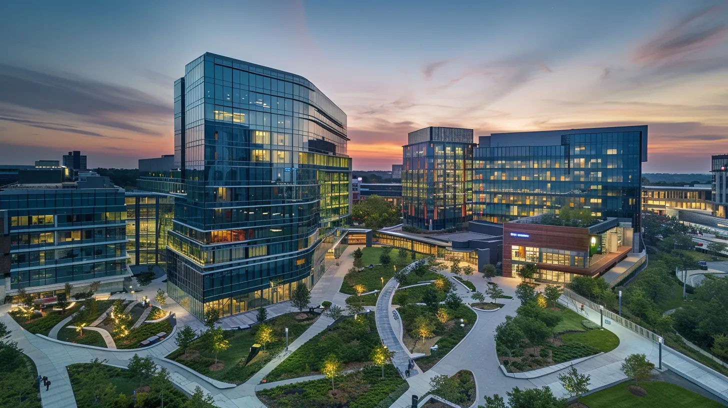 Modern American hospital campus at dawn representing calm medical loan financing