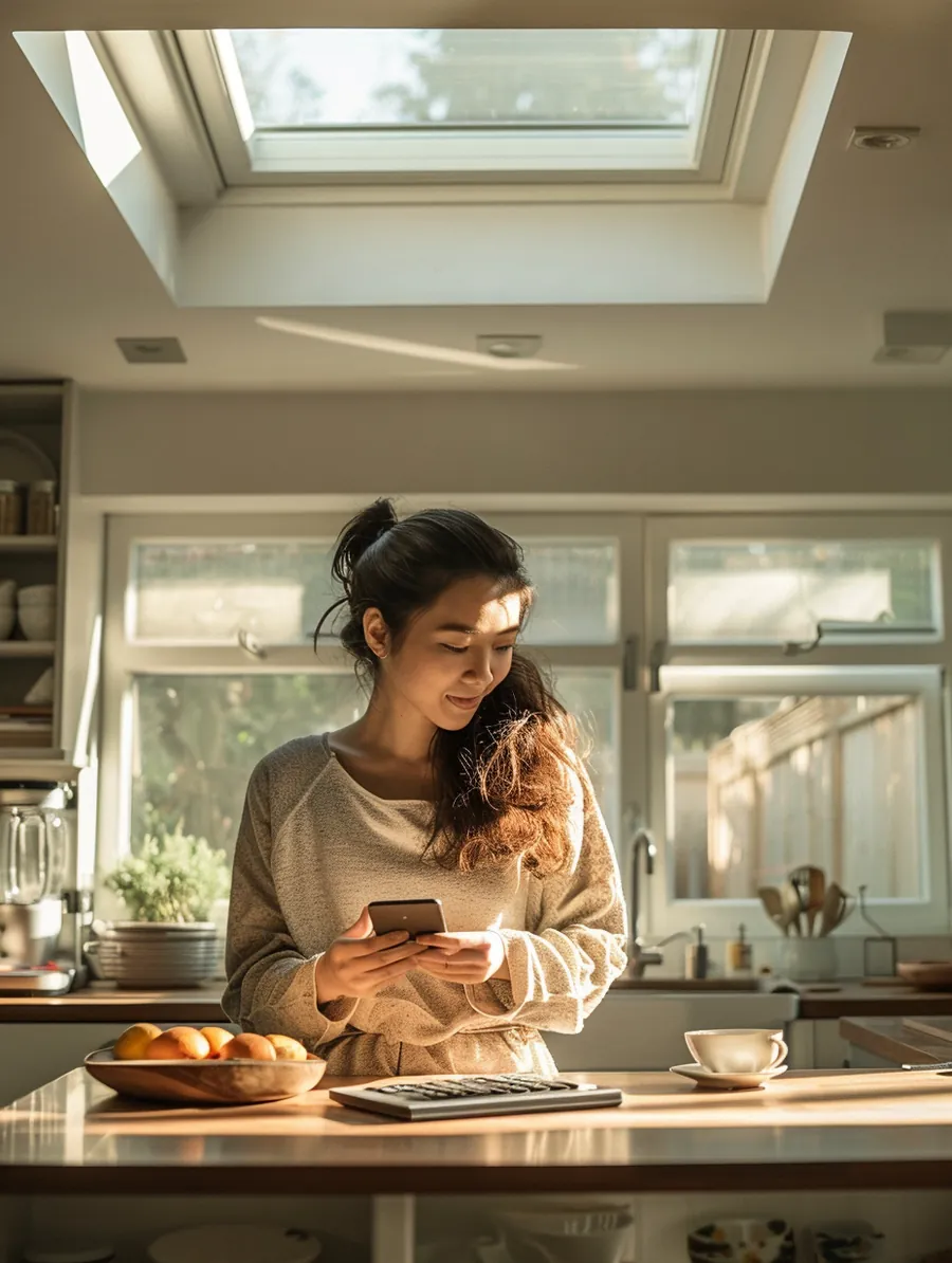 American woman estimating her personal loan payment on a phone calculator at her kitchen island
