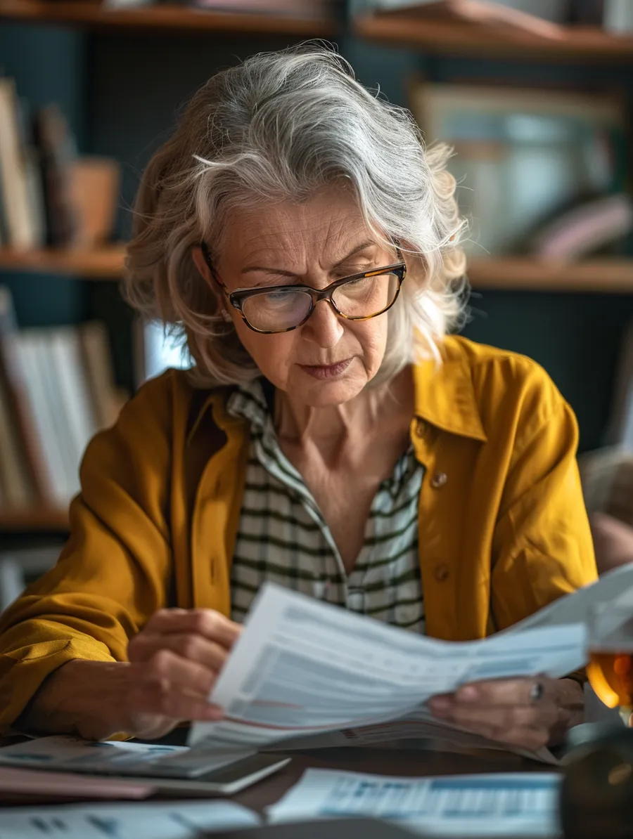 American woman analyzing printed personal loan rate charts at her home office