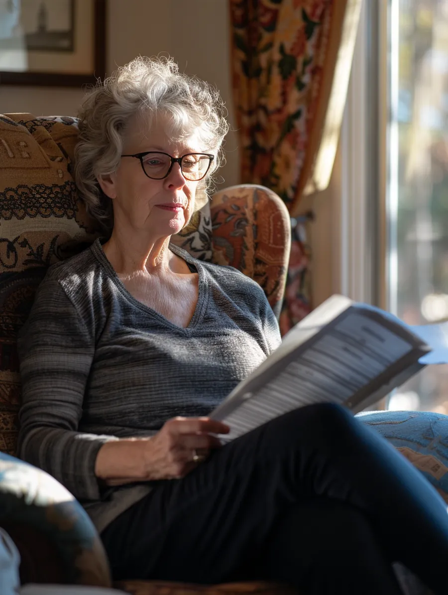 American woman calmly reviewing medical loan and insurance paperwork in an armchair