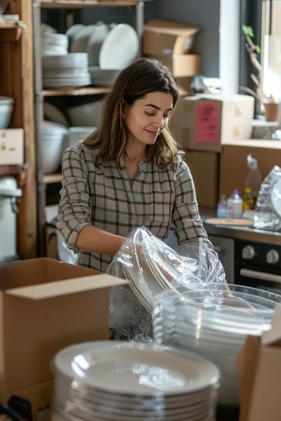 American woman packing methodically while tracking her moving loan budget