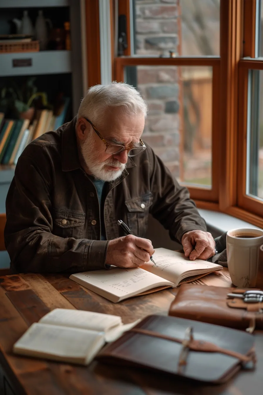 American man planning his personal loan repayment in a journal on his porch
